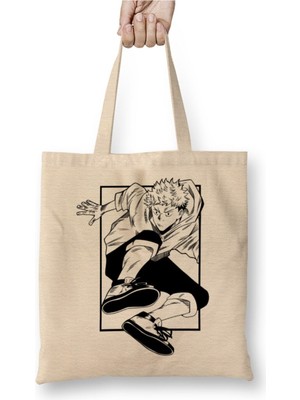 Toyaso Jujutsu Kaisen Yuji Itadori Beyaz Bez Çanta Uzun Saplı Alışveriş Çantası Plaj Çantası