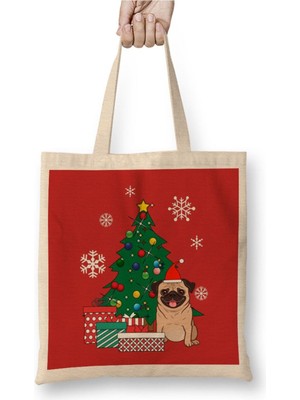 Toyaso Pug Around The Christmas Tree Köpek Dog Beyaz Bez Çanta Uzun Saplı Alışveriş Çantası