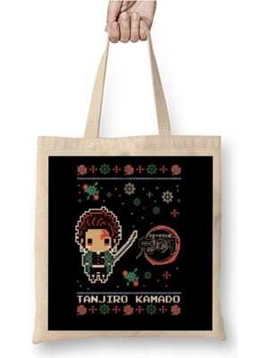 Toyaso Demon Slayer Nezuko Kamado Christmas Knit Yılbaşı Beyaz Bez Çanta Uzun Saplı Alışveriş Çantası