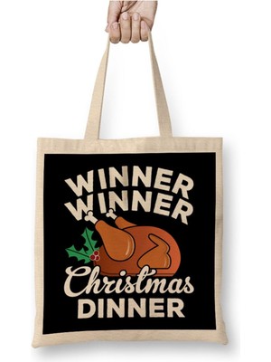 Toyaso Winner Winner Christmas Dinner Turkey Yılbaşı Hindi Beyaz Bez Çanta Uzun Saplı Alışveriş Çantası