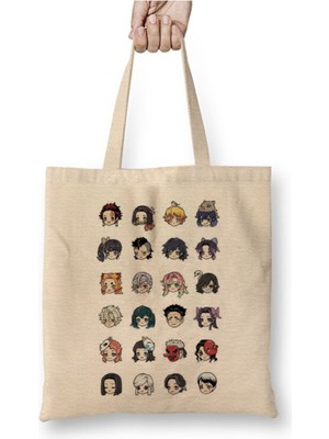 Toyaso Demon Slayer Iblis Keser Characters Beyaz Bez Çanta Uzun Saplı Alışveriş Çantası Plaj Çantası