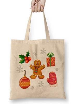 Toyaso Yeni Yıl Konseptli Kurabiye Adam Christmas Knit Yılbaşı Beyaz Bez Çanta Uzun Saplı