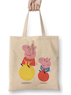 Toyaso Peppa Pig 04 Beyaz Bez Çanta Uzun Saplı Alışveriş Çantası Plaj Çantası