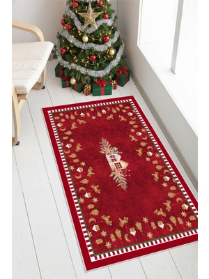 Pelura Halı Yılbaşı Desenli Dijital Baskılı Yıkanabilir Kaymaz Taban Kırmızı Halı
