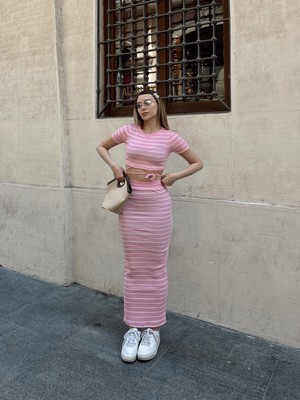 Ezel Glory Çizgili Etekli Takım Pembe S3609