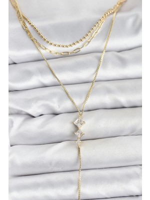 Butik Pirinç Gold Renk Zirkon Taş Detaylı 3'lü Kombin Y Kadın Kolye