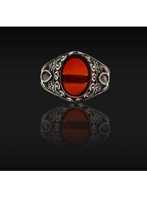 Umut Silver Kırmızı Zirkon Taşlı Oval Işlemeli Gümüş Erkek Yüzük
