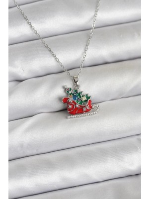 Butik 316L Çelik Zincir Gümüş Renk Kızak ve Çam Ağacı Figürlü Yılbaşı Temalı Kadın Kolye