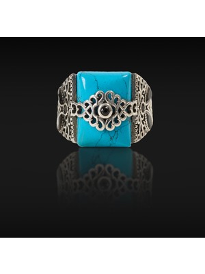 Umut Silver Turkuaz Zirkon Taşlı Kare Gümüş Erkek Yüzük
