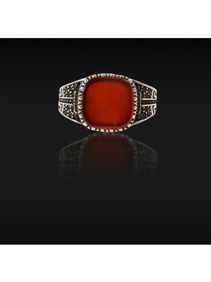 Umut Silver Kırmızı Zirkon Taşlı Oval Işlemeli Gümüş Erkek Yüzük