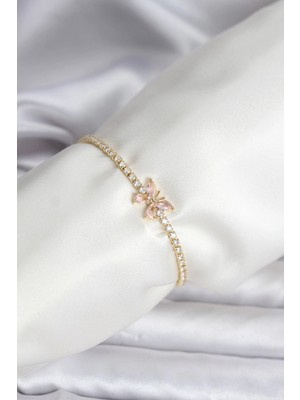 Butik Kelebek Model Zirkon Taşlı Gold Renk Pirinç Su Yolu Kadın Bileklik