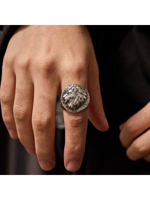 Umut Silver Aslan Motifli Işlemeli 925 Ayar Gümüş Erkek Yüzük