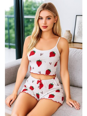 Marsilyan Arias Closet Penye Kumaş Çilek Desen Beyaz Şortlu Takım