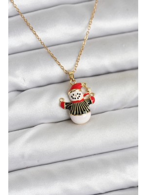 Butik 316L Çelik Zincir Gold Renk Kardan Adam Figürlü Yılbaşı Temalı Kadın Kolye