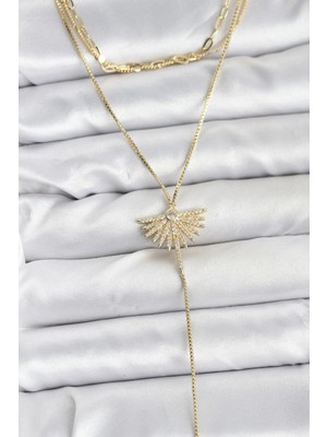 Butik Pirinç Gold Renk Zirkon Taşlı Yelpaze Model Detaylı 3'lü Kombin Y Kadın Kolye