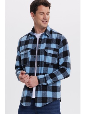 Tudors Erkek Slim Fit Dar Kesim Uzun Kollu Kapaklı Çift Cepli Kareli Kışlık Oduncu Gömlek