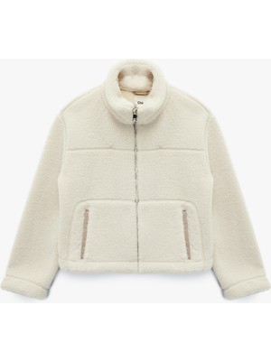 Koton Cepli Uzun Kollu Fermuarlı Dik Yaka Crop Peluş Mont