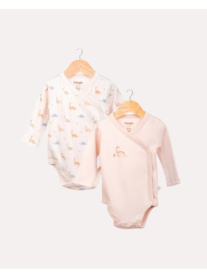 Hoogie 2’li Kruvaze Dinozor Desenli Bebek Body/Zıbın Seti - Ekru & Pudra