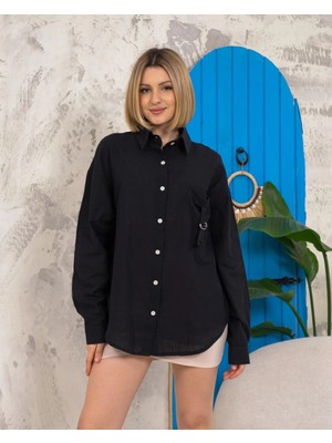 Ezel Glory Relax Fit Keten Gömlek Siyah S255349