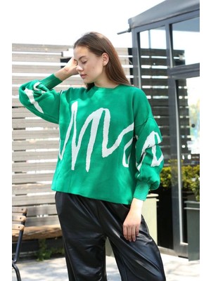 Ezel Glory Beyaz Çizgili Bisiklet Yaka Kazak Yeşil