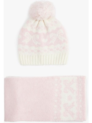 Koton Kız Çocuk 2'li Desenli Bere ve Atkı Takımı Ekru Kış Sezonu Fiyonk Desenli