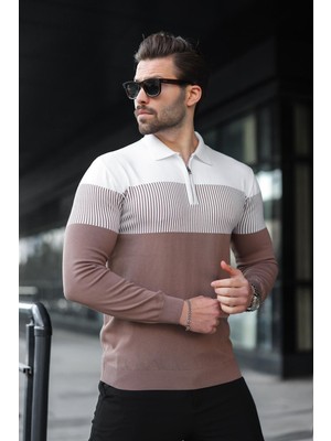 Madmext Kahverengi Fermuar Yaka Renk Bloklu Uzun Kollu Kazak 7262