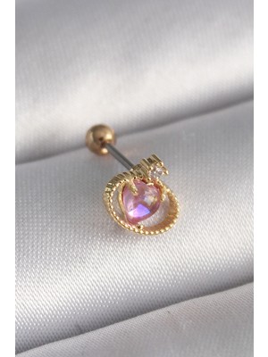 Marsilyan 316L Çelik Gold Renk Pembe Mineli Kalp Zirkon Taş Detay Tragus Piercing