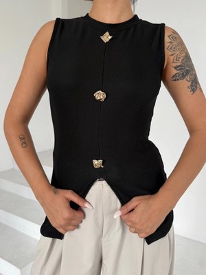 Ezel Glory Kadın Siyah Bisiklet Yaka Gold Düğmeli Ottoman Bluz S2310