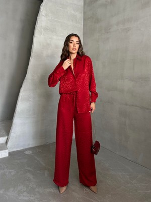 Seda Fidan Boutique Parlak Desenli Gömlek Pantolon Takım Bordo