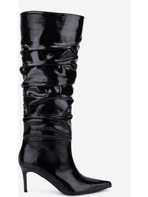 Valmenti Kadın Hakiki Deri Siyah Kırışık Rugan Topuklu Çizme 1074 560 Bn Czm SK25-26 Sıyah Krsk Rgn