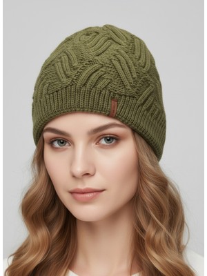 Balkonda Klasik Basic Bere Triko Astarlı Soğuktan Koruyucu Soft Dokuma Unisex Haki