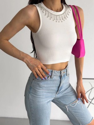 Ezel Glory Fitilli Kaşkorse Yakası Zincirli Atlet Beyaz