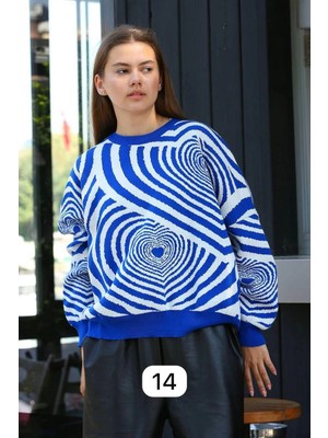 Ezel Glory Beyaz Kalp Çizgili Kazak Saks Mavisi