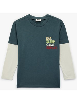 Koton Pamuklu Uzun Çıkma Kollu Renk Kontrastlı Bisiklet Yaka Baskılı Tişört