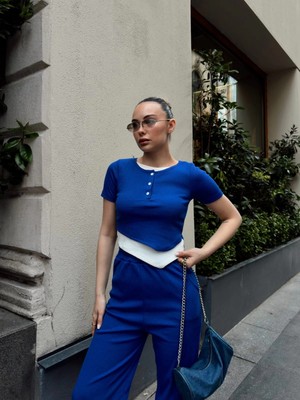 Ezel Glory Düğme Yakalı Saks Alt Üst Takım S3943