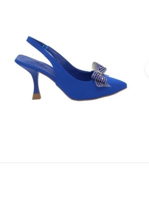 Mergenshoes K041 Mavi Fiyonklu 7 cm Klasik Topuk Kadın Ayakkabı