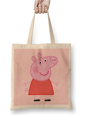 Toyaso Peppa Pig 05 Beyaz Bez Çanta Uzun Saplı Alışveriş Çantası Plaj Çantası