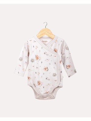 Hoogie %100 Organik Pamuk Gots Sertifikalı Kruvaze Orman Desenli Bebek & Yenidoğan Body - Taş Rengi