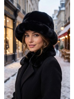 Kapin Ekstra Kabarık Peluş Yuvarlak Kalpak Şapka - Siyah