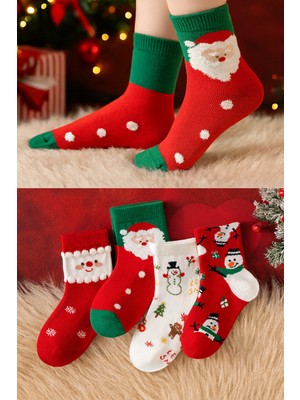 Empressco Renkli Unisex Çocuk Noel Çorap Seti, Geyikli ve Babalı Desenli 4 Çift