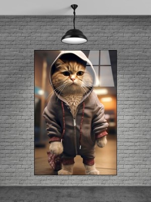 Marsilyan Kapşonlu Tatlı Kedi Cam Tablosu