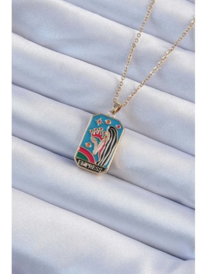 Marsilyan 316L Çelik Zincir Altın Renk Taç ve Kız Figürlü Renkli Mineli Tarot Kolye