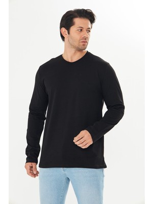 Trendhill Erkek Pamuklu V Yaka Uzun Kollu Tişört Siyah 5021-S
