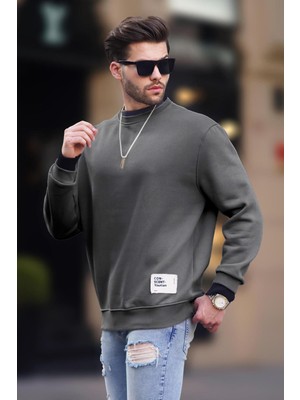 Madmext Füme Bisiklet Yaka Oversize Şardonlu Arma Detaylı Erkek Sweatshirt 7043