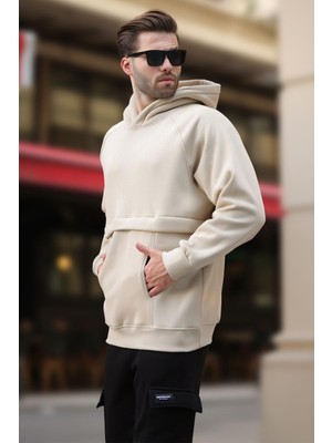 Madmext Bej Kapüşonlu Cep Detaylı Erkek Sweatshirt 7092
