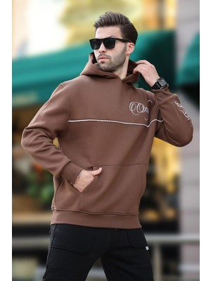 Madmext Kahverengi Kapüşonlu Şerit Detaylı Baskılı Erkek Sweatshirt 7091