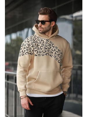 Madmext Bej Baskılı Kapüşonlu Erkek Sweatshirt E7160