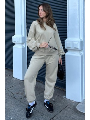 Madmext Bej Bisiklet Yaka Arma Detaylı Kadın Eşofman Takımı MG2186