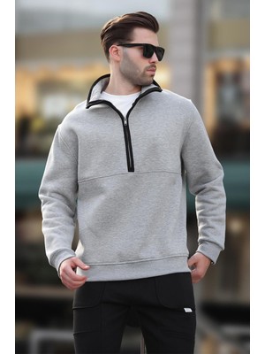 Madmext Gri Dik Yaka Yarım Fermuarlı Sweatshirt 7079