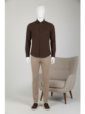 Brango Erkek Kahverengi Standart Fit Uzun Kollu Dokulu Gömlek